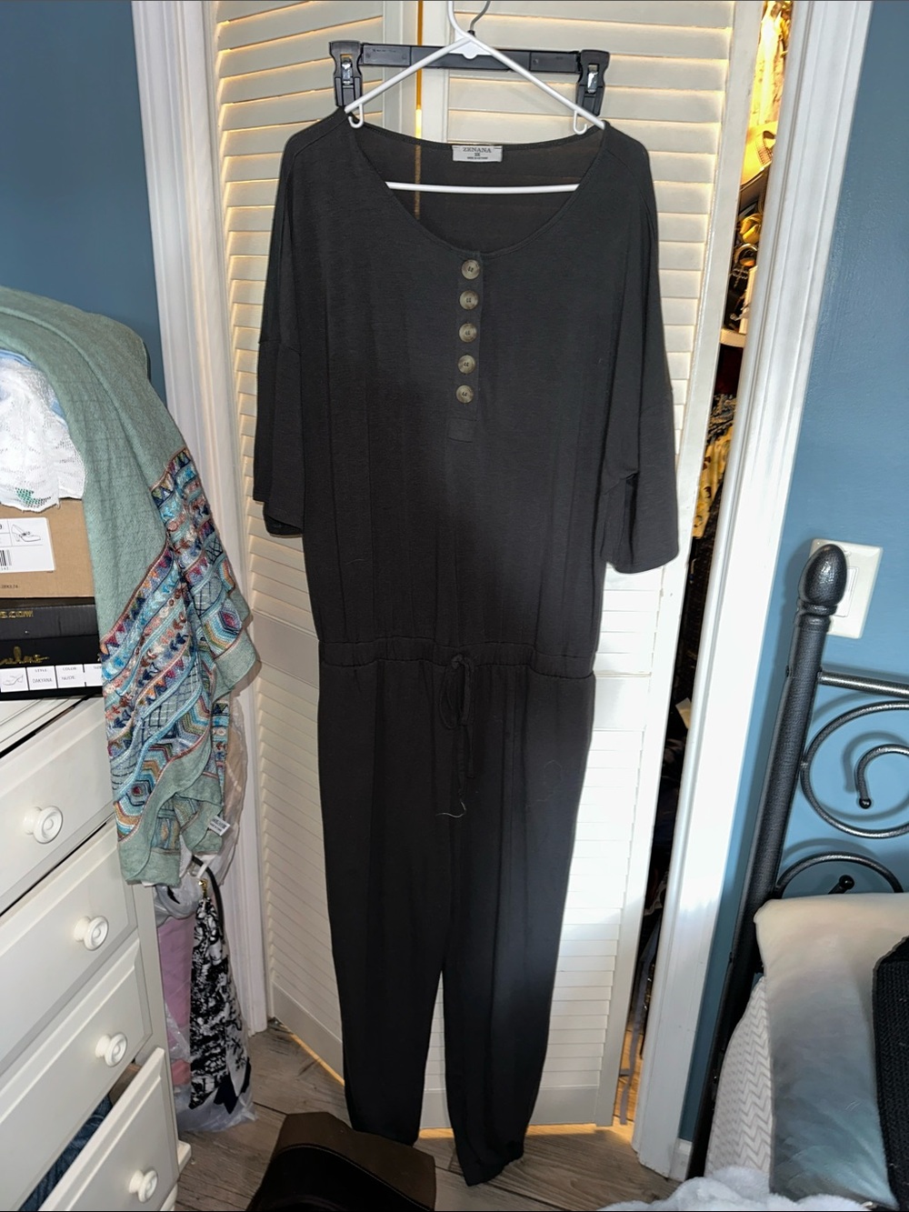 Zenana Outfitters Black Henley Jumpsuit with Drawstring Waist